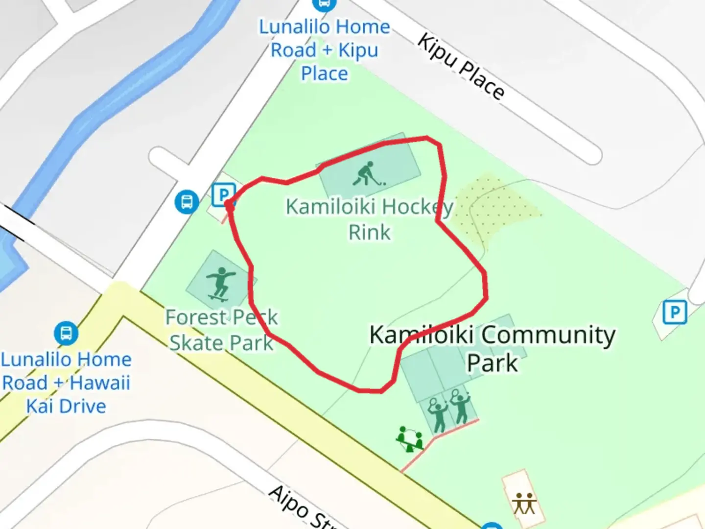 An image depicting the trail Kamiloiki Hockey Rink and Kamiloiki Community Park Loop and its surrounding area.