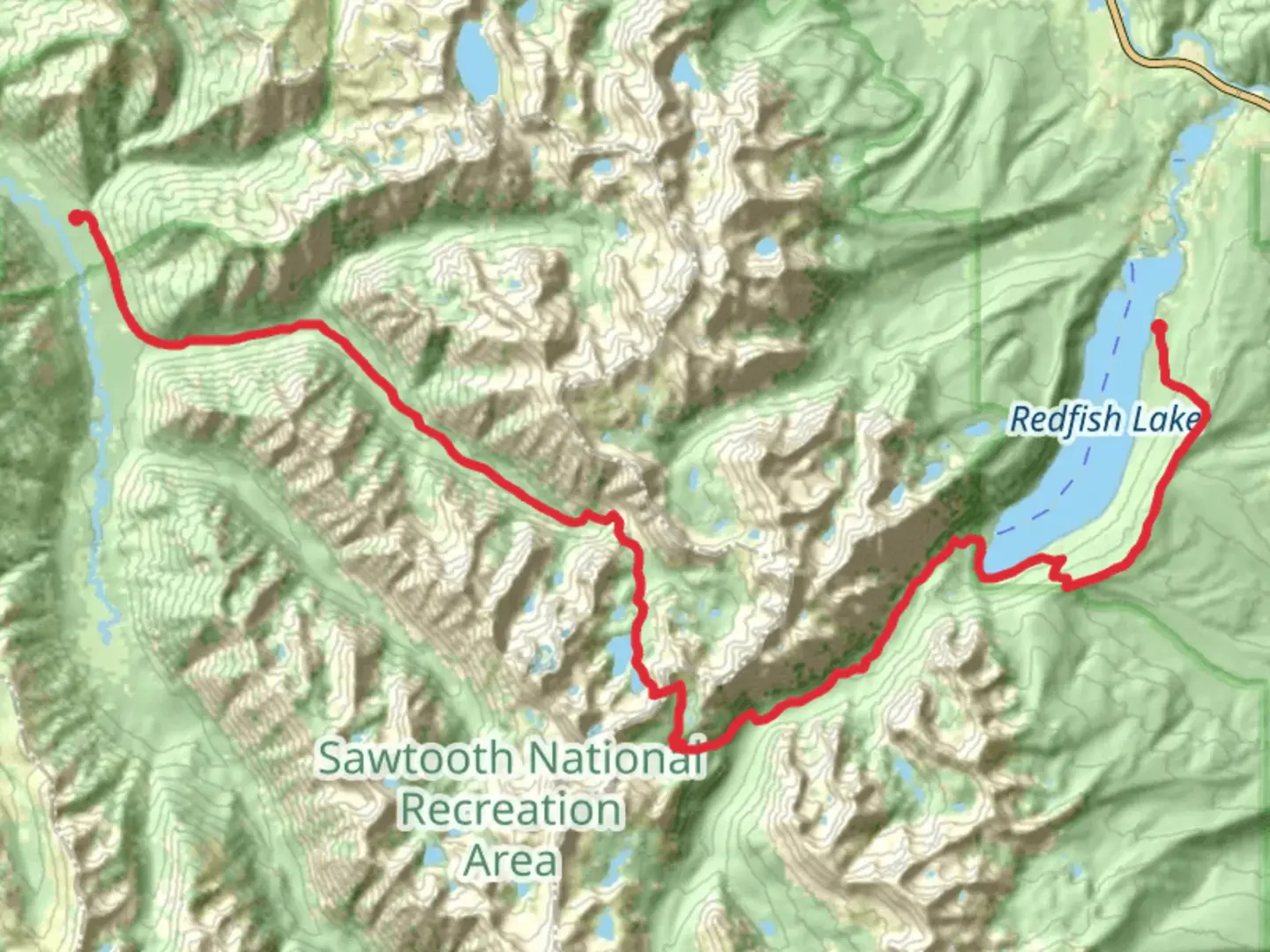 An image depicting the trail South Fork Payette River, Baron Lake, Redfish Lake and Grand Mogul Trail and its surrounding area.