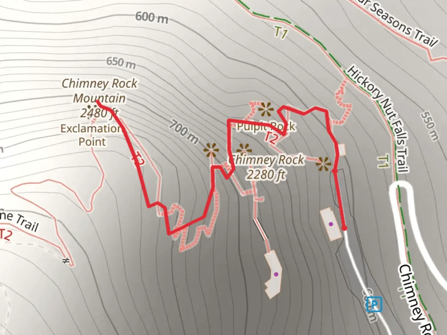 An image depicting the trail Chimney Rock Mountain via Outcroppings Trail and its surrounding area.