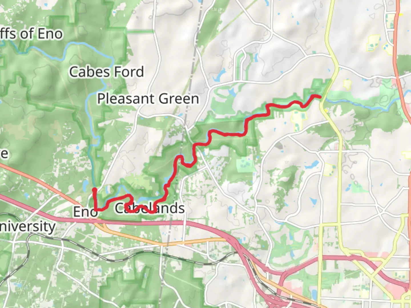 An image depicting the trail Laurel Bluffs and Eno Quarry Trail and its surrounding area.