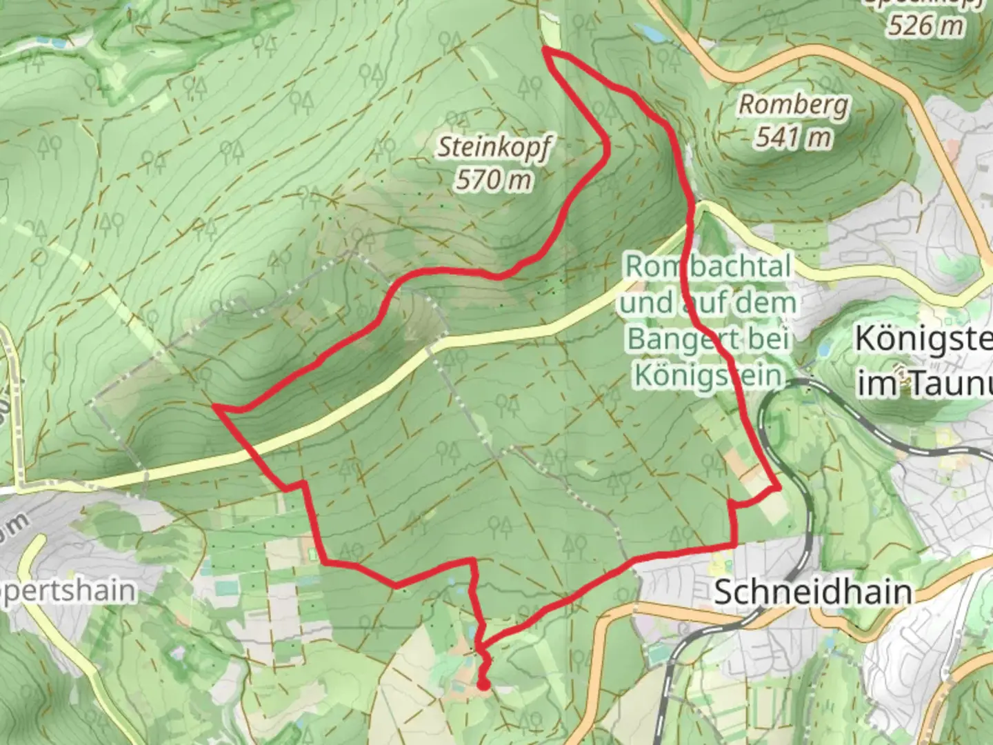 An image depicting the trail Landsgraben-Eichenblatt and Taunusklub Route and its surrounding area.