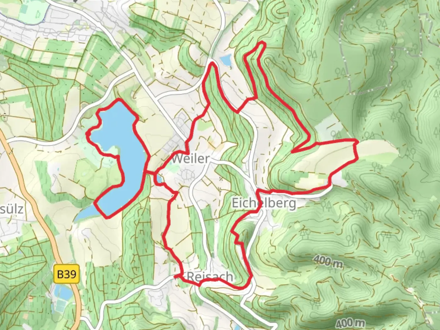 An image depicting the trail Breitenauer See and Eichelberg Loop and its surrounding area.