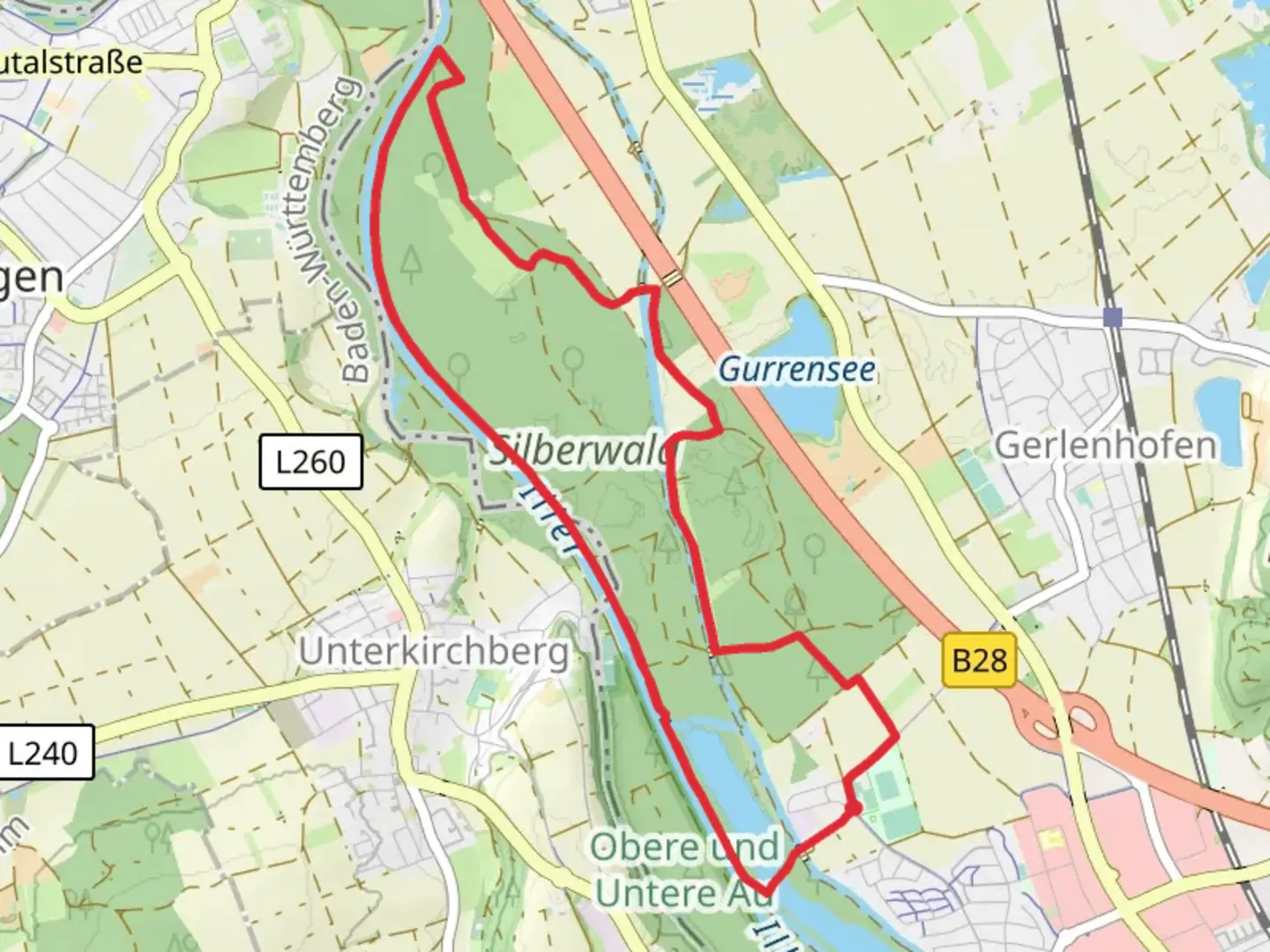 An image depicting the trail Nördlicher Ausee and Iller via Illerholzwzweg and Oberkirchberg - Thalfingen and its surrounding area.