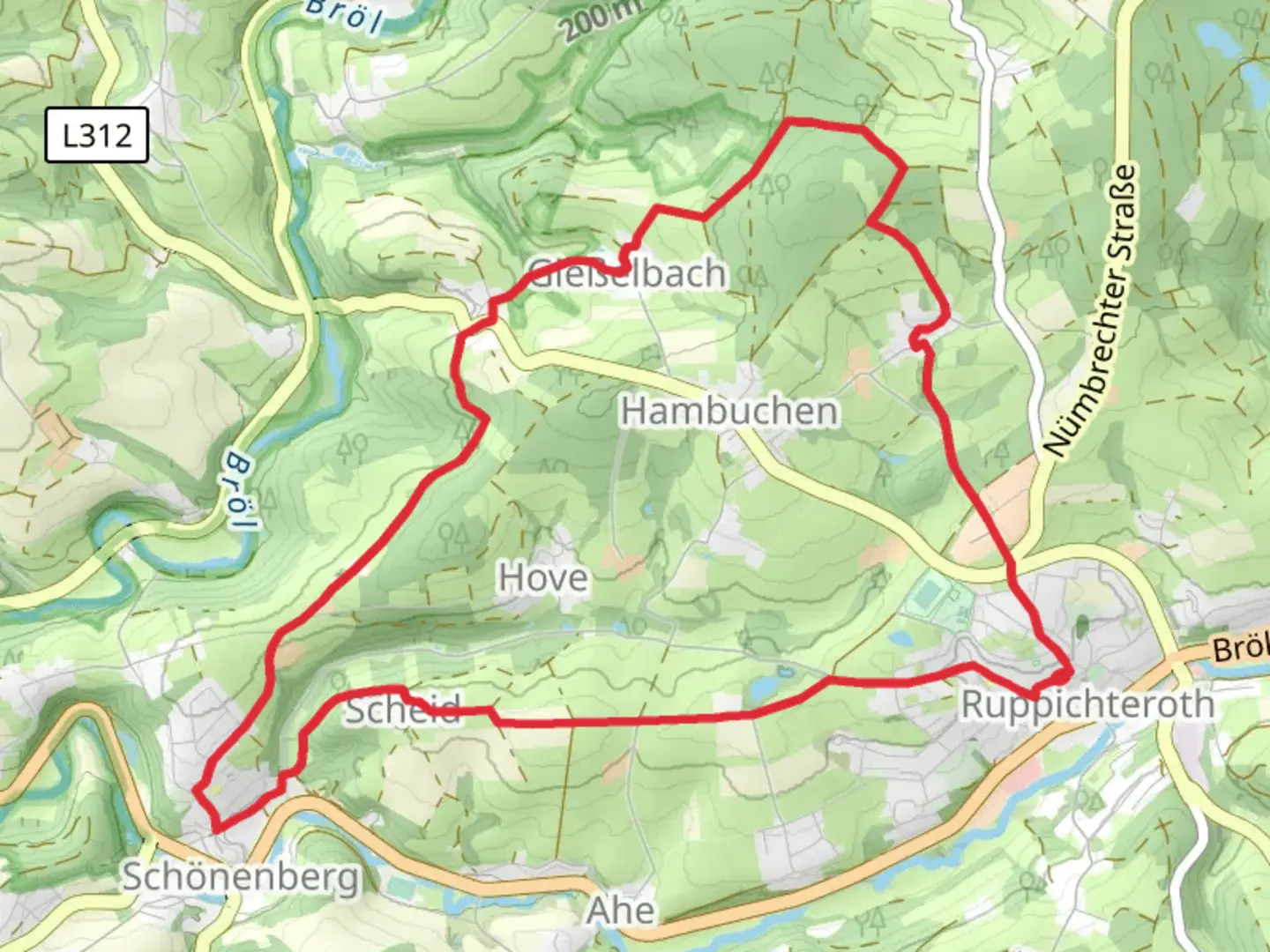 An image depicting the trail Ruppichteroth Rundweg Rechteck and its surrounding area.