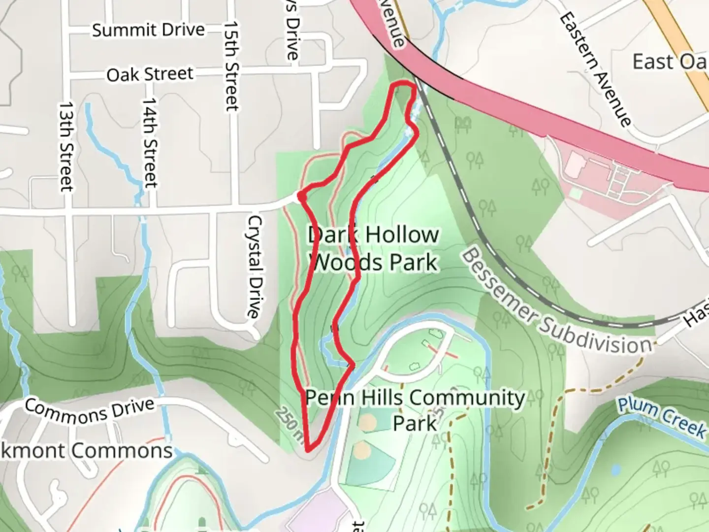 An image depicting the trail Dark Hollow Woods Park Loop and its surrounding area.