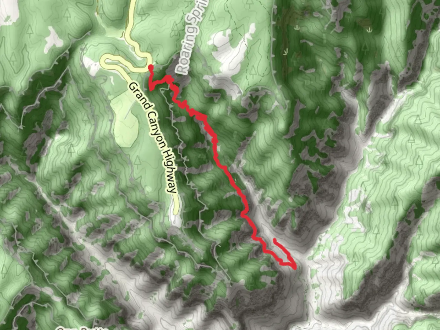 An image depicting the trail Roaring Springs Trail via North Kaibab Trail and its surrounding area.