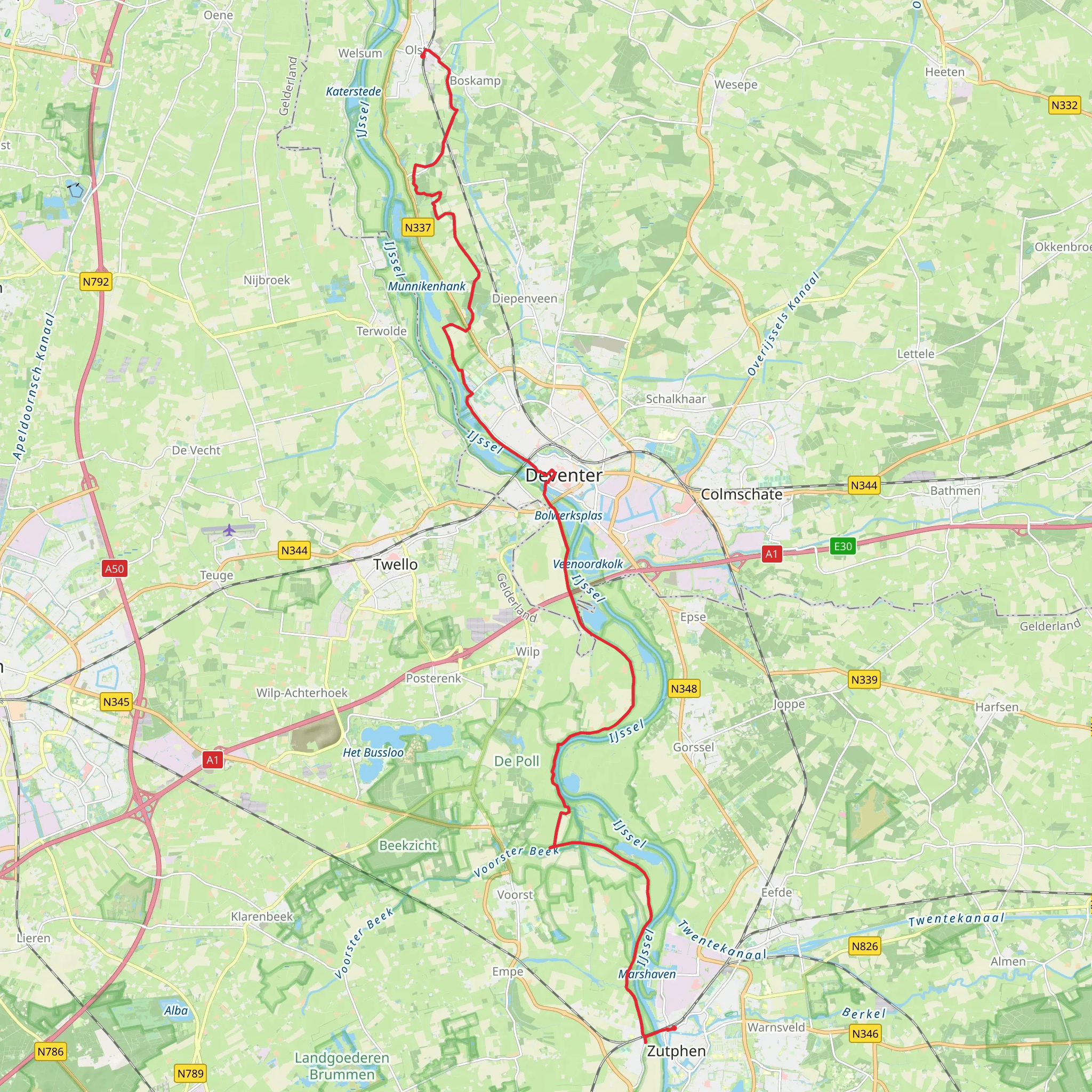Olst to Zutphen via Sallandpad and Hanzestedenpad mobile static map