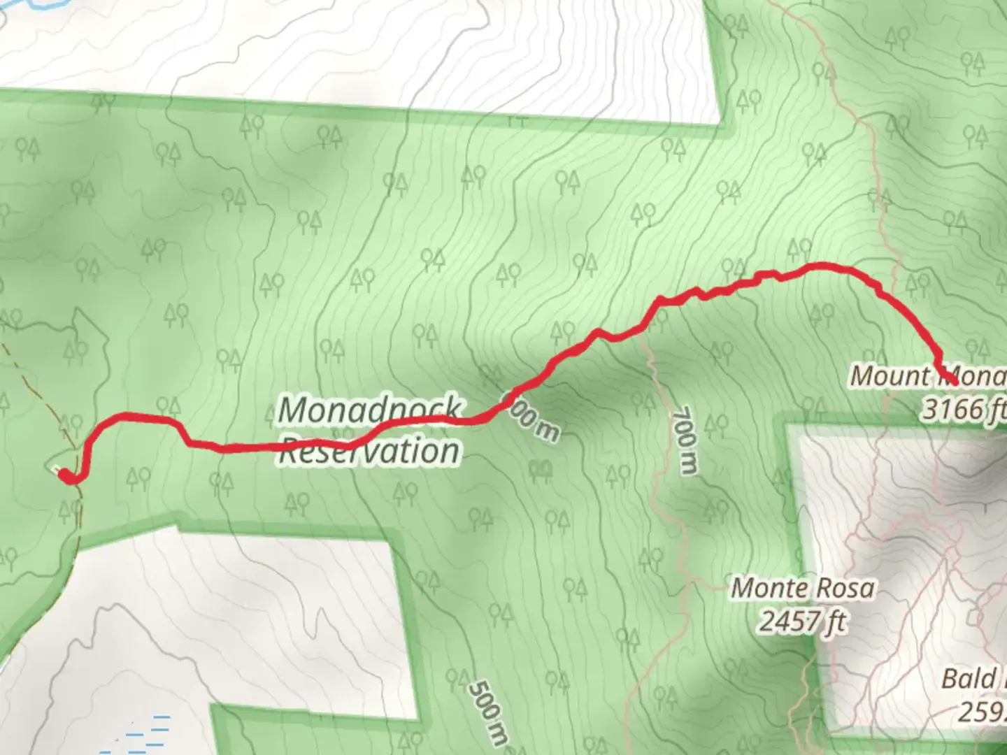 An image depicting the trail Mount Monadnock via Marlboro Trail and its surrounding area.