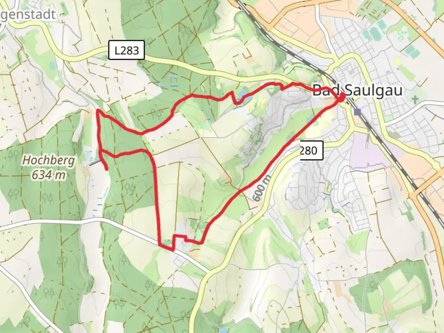 An image depicting the trail Schwaebisch Alb Oberschwaben Weg and Rundwanderweg 2 and its surrounding area.