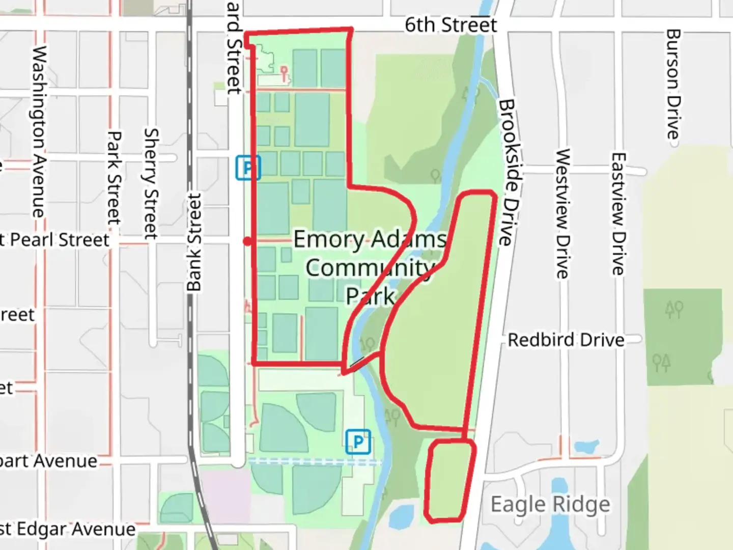An image depicting the trail Emory Adams Community Park Loop and its surrounding area.
