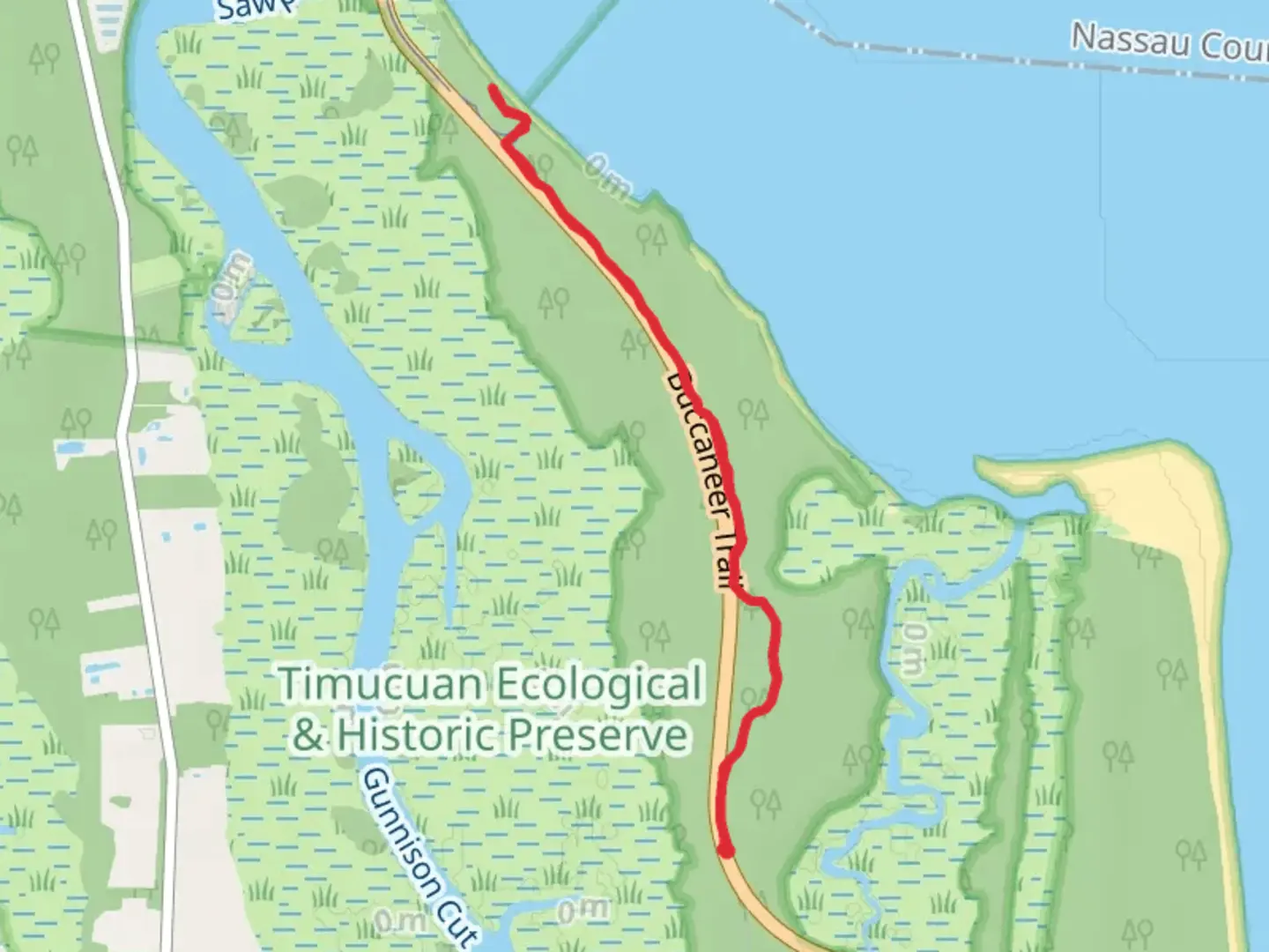An image depicting the trail Nassau Sound via Timucuan Trail and its surrounding area.
