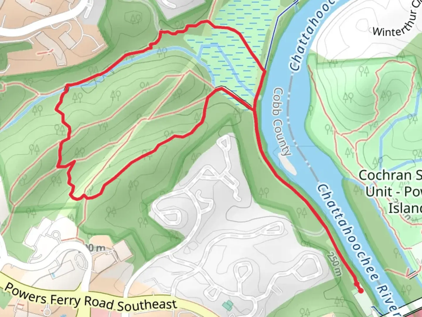 An image depicting the trail Loop beside Chattahoochee River - Interstate North Parkway Southeast and its surrounding area.