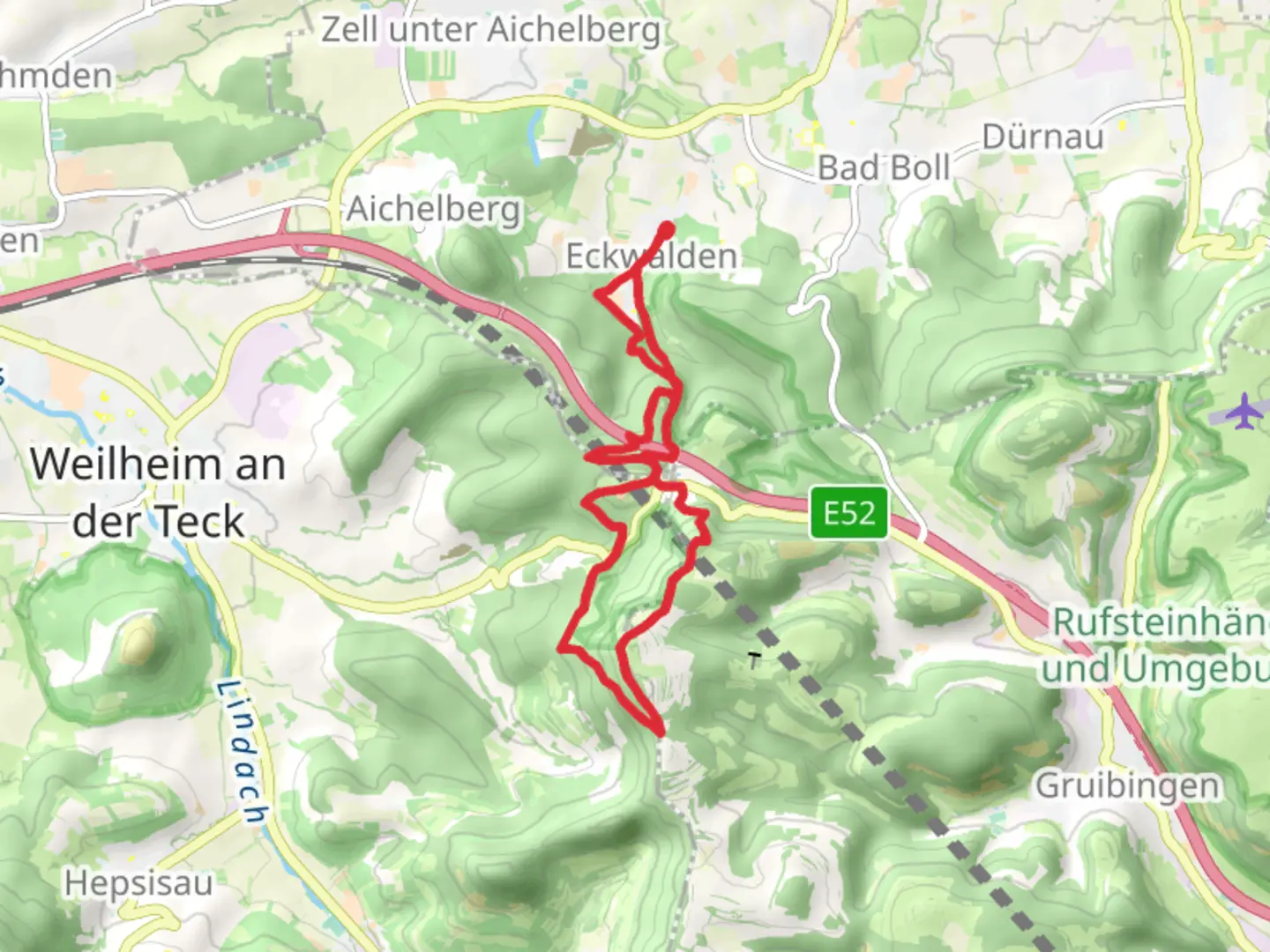 An image depicting the trail Boßler Runde and Weilheim Rundweg and its surrounding area.