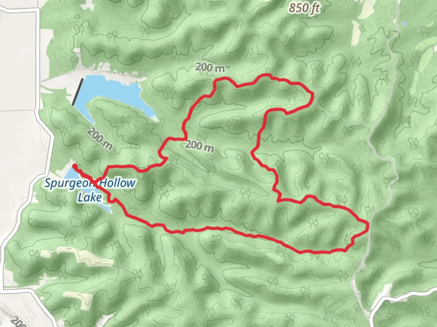 An image depicting the trail Knobstone Loop Trail via Spurgeon Hollow Lake and its surrounding area.