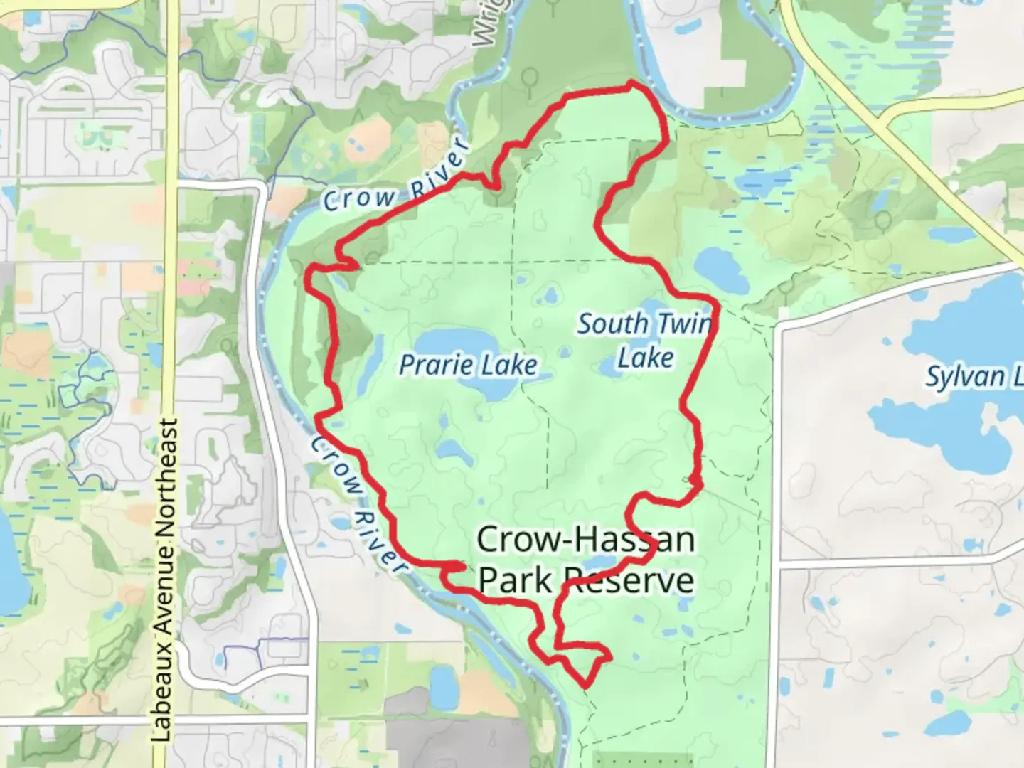 An image depicting the trail Prarie Lake and South Twin Lake Loop - Crow-Hassan Park Reserve and its surrounding area.