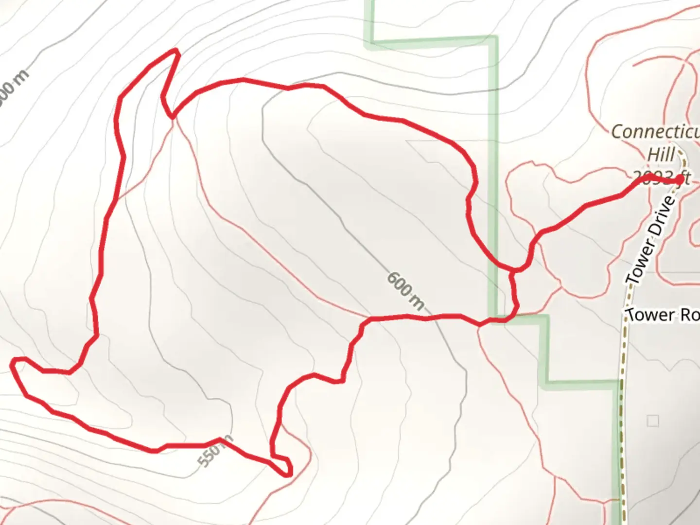 An image depicting the trail Connecticut Hill West Loop Trail and its surrounding area.