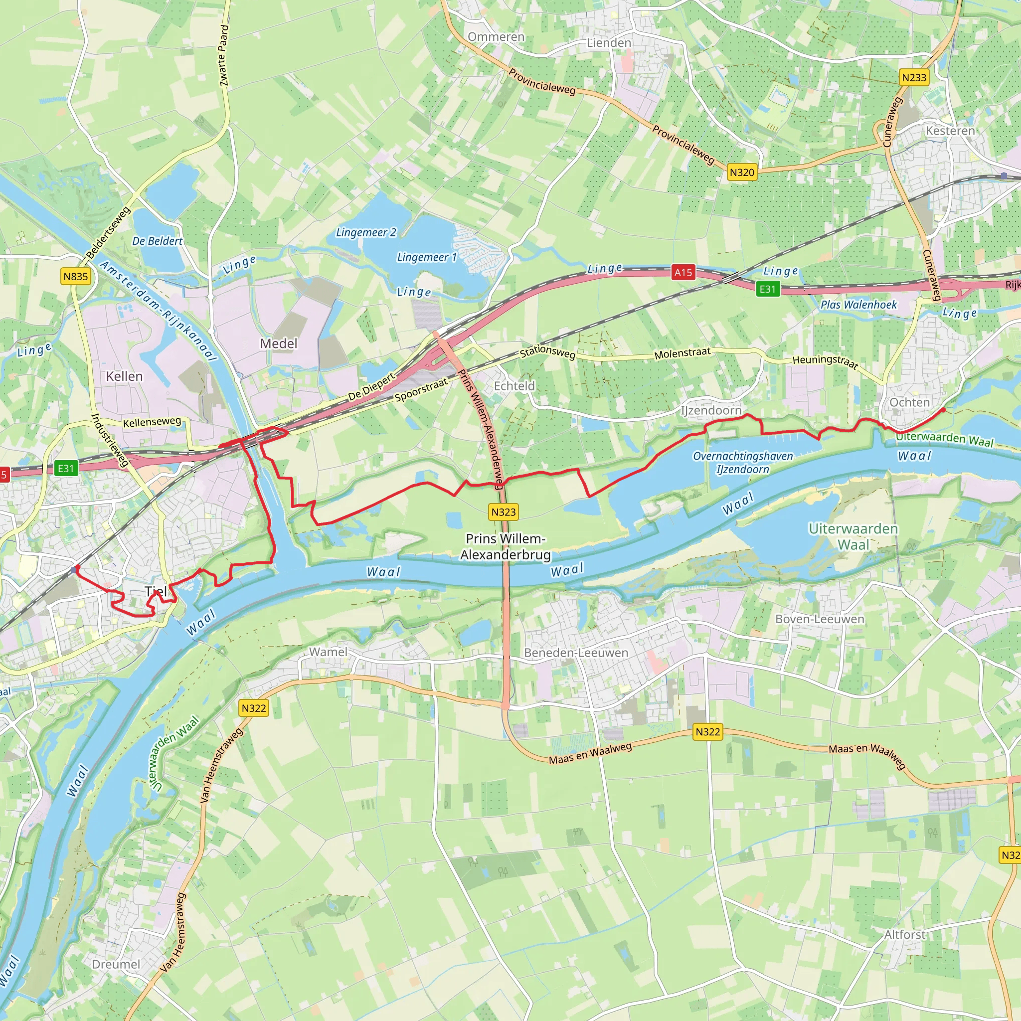 Tiel to Ochten via Willems Polder mobile static map