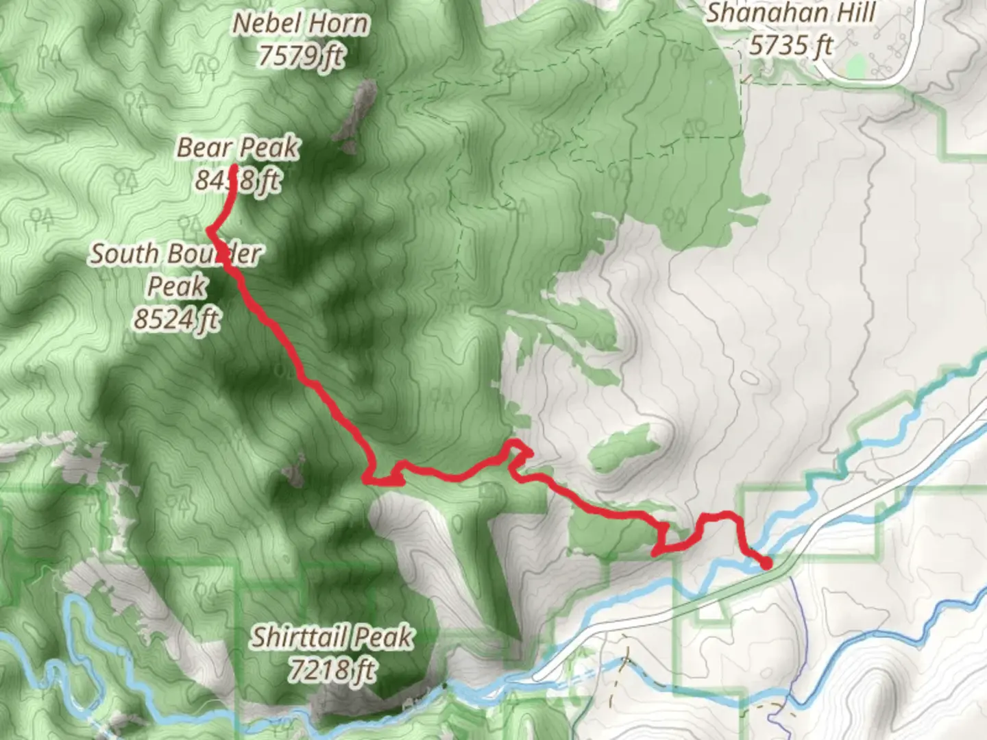 An image depicting the trail Bear Peak via Shadow Canyon South Trail and its surrounding area.