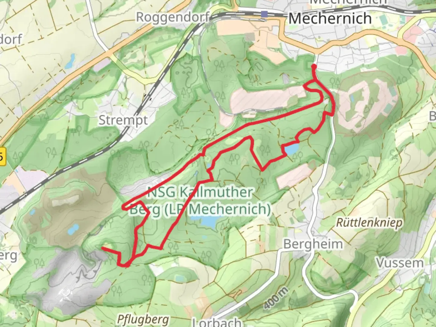 An image depicting the trail Baltesbendener - Buchholzer Weiher, Bleiberg and Malakow Turm Loop and its surrounding area.