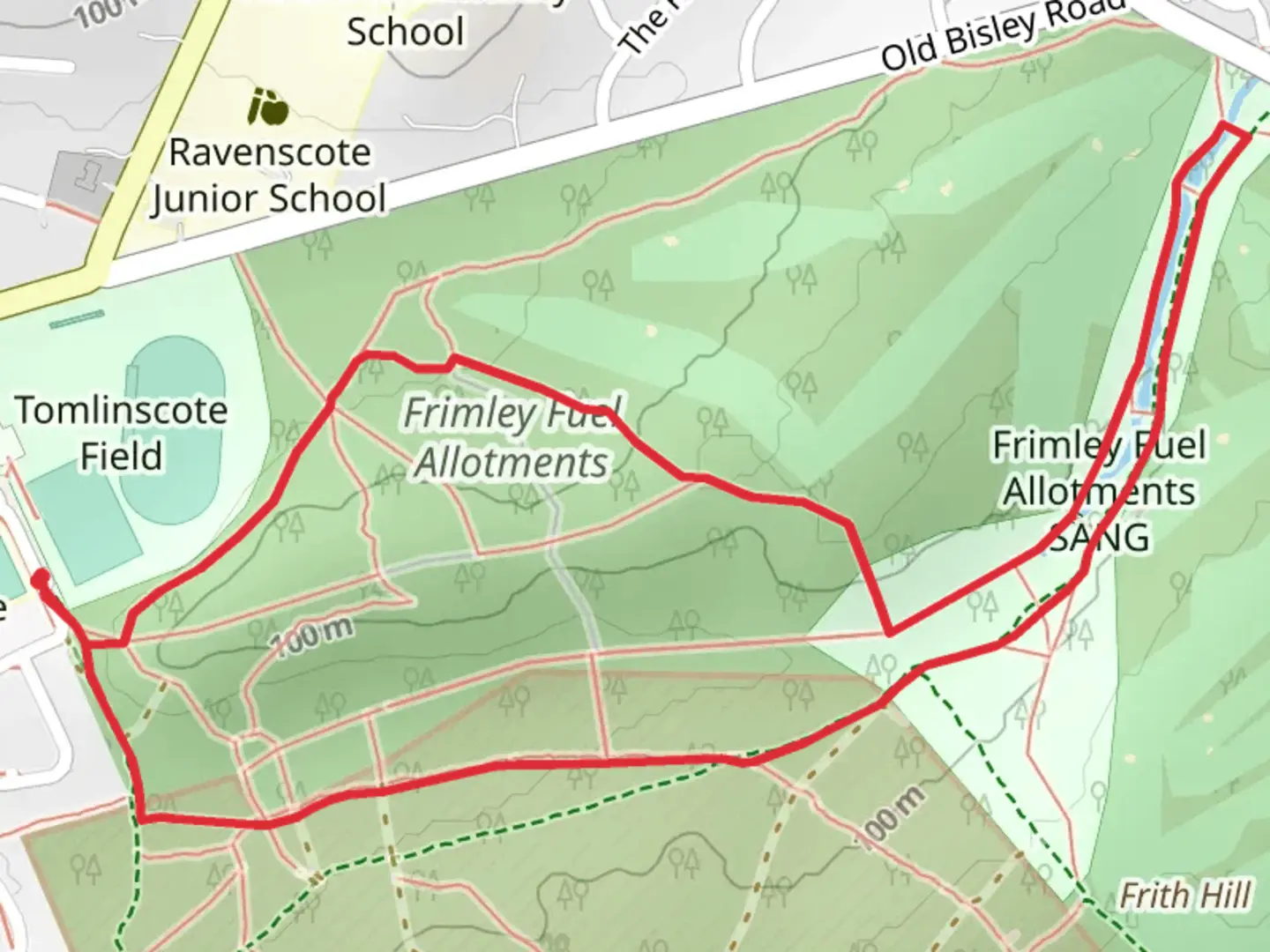 An image depicting the trail Frimley Fuel Allotments Loop and its surrounding area.
