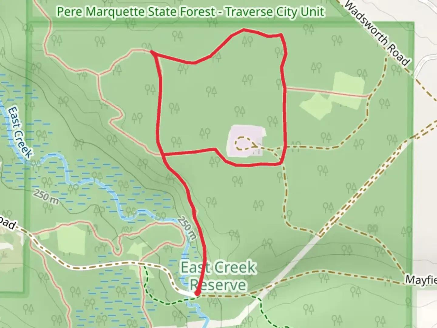 An image depicting the trail Mayfield Road Loop and its surrounding area.