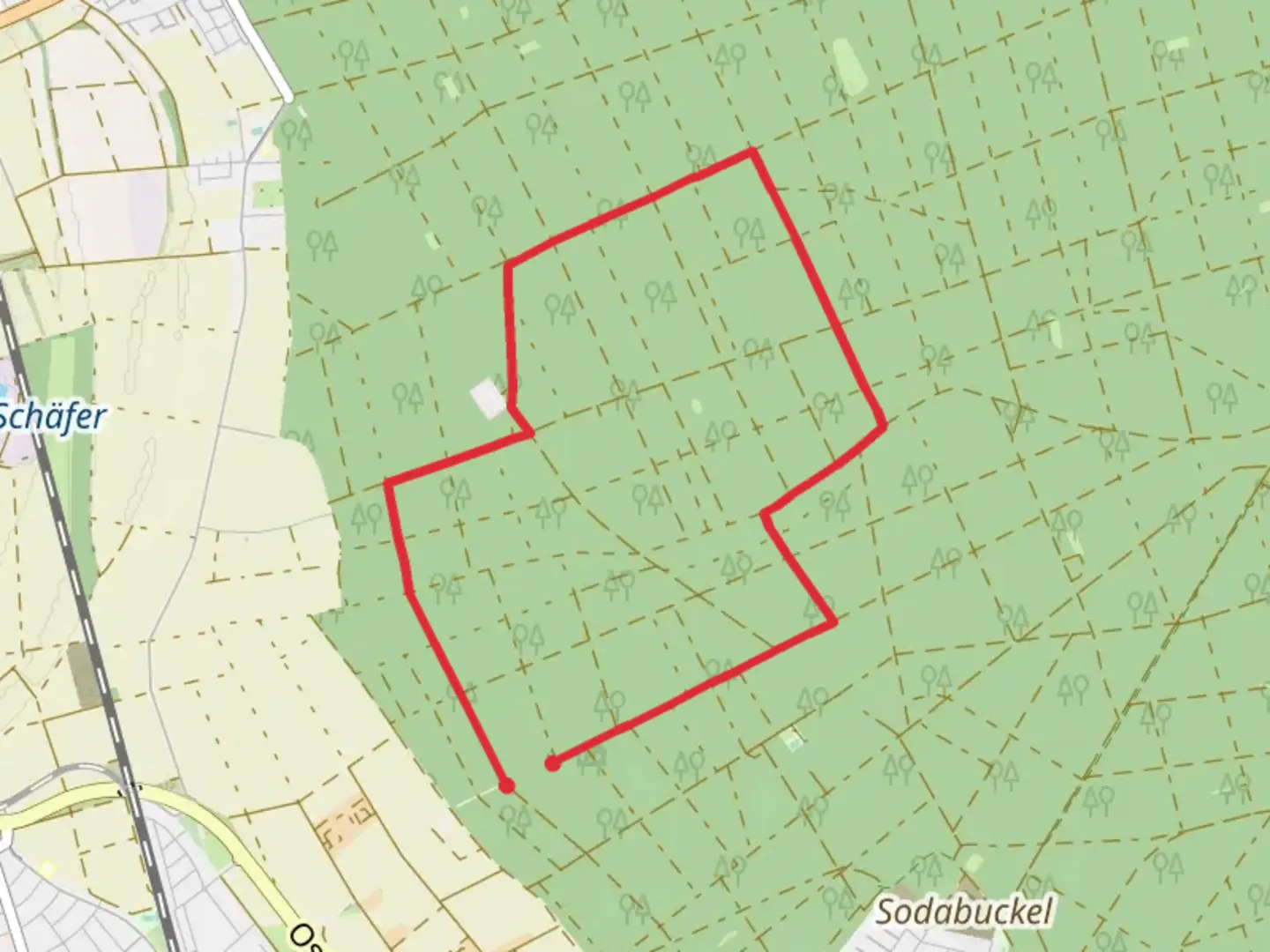 An image depicting the trail Lorscher Weg and Tiergarten Querschneise and its surrounding area.