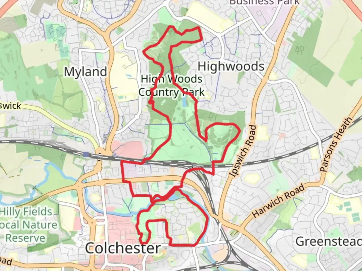 An image depicting the trail High Woods Country Park, River Colne and Lower Castle Park and its surrounding area.