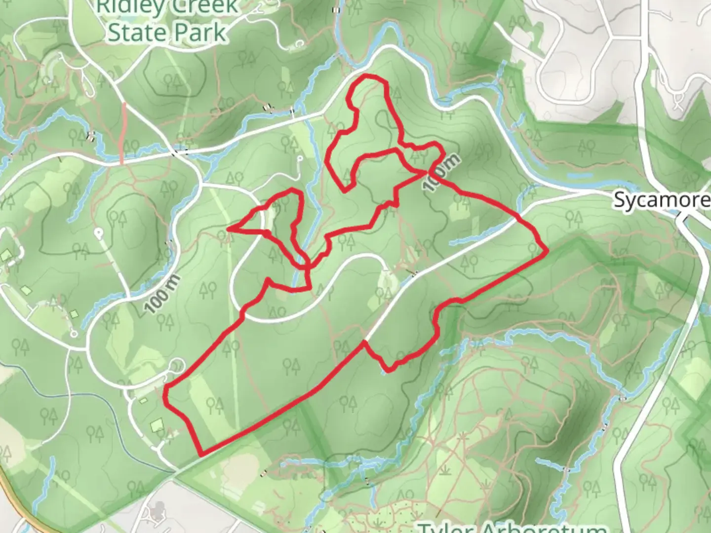 An image depicting the trail Red, Yellow and Blue Trail Loop - Ridley Creek State Park Area 14-16 and its surrounding area.
