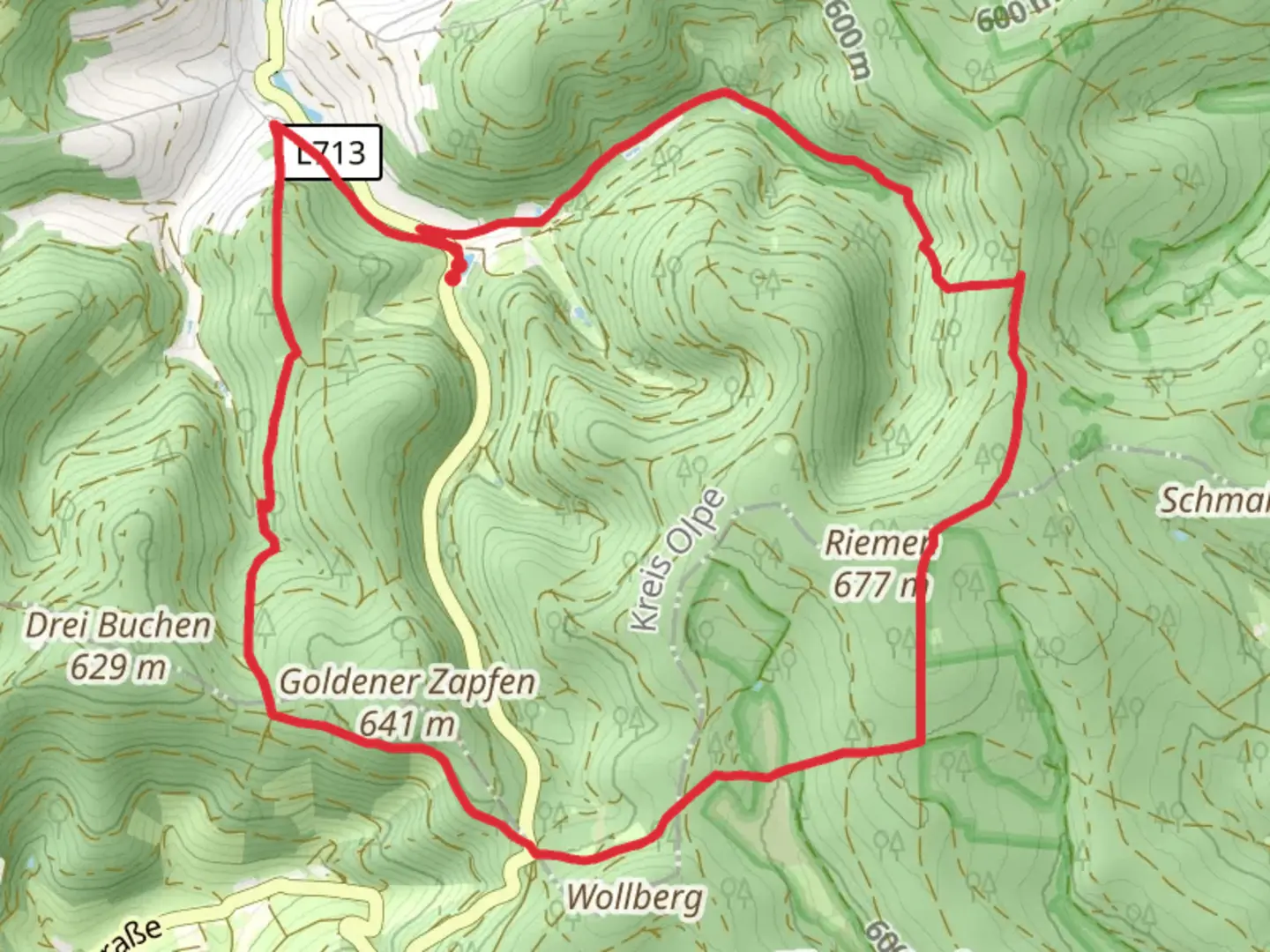 An image depicting the trail Suedlicher Rothaarsteig and Kirchhundem and its surrounding area.