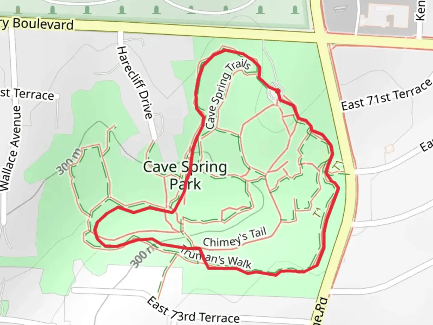 An image depicting the trail Truman's Walk and Cave Spring Loop Trail and its surrounding area.