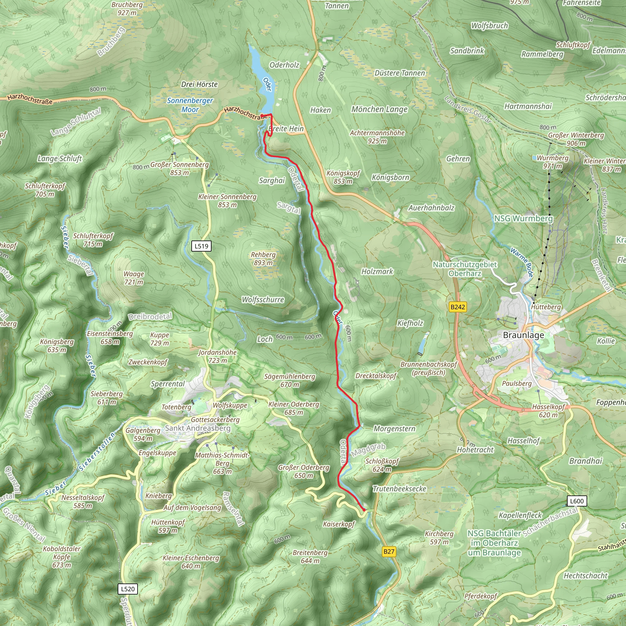 Huehnerbruehe Graben to Oderhaus via Harzklub Weg mobile static map