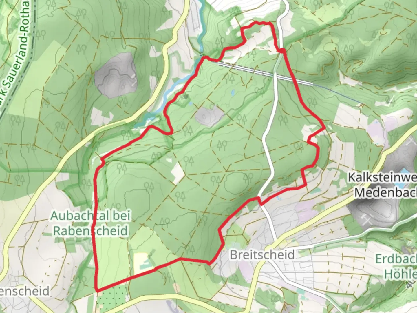 An image depicting the trail Rothaarsteig Westerwald and Noerdlicher Rothaarsteig-Zuweg Breitscheid and its surrounding area.