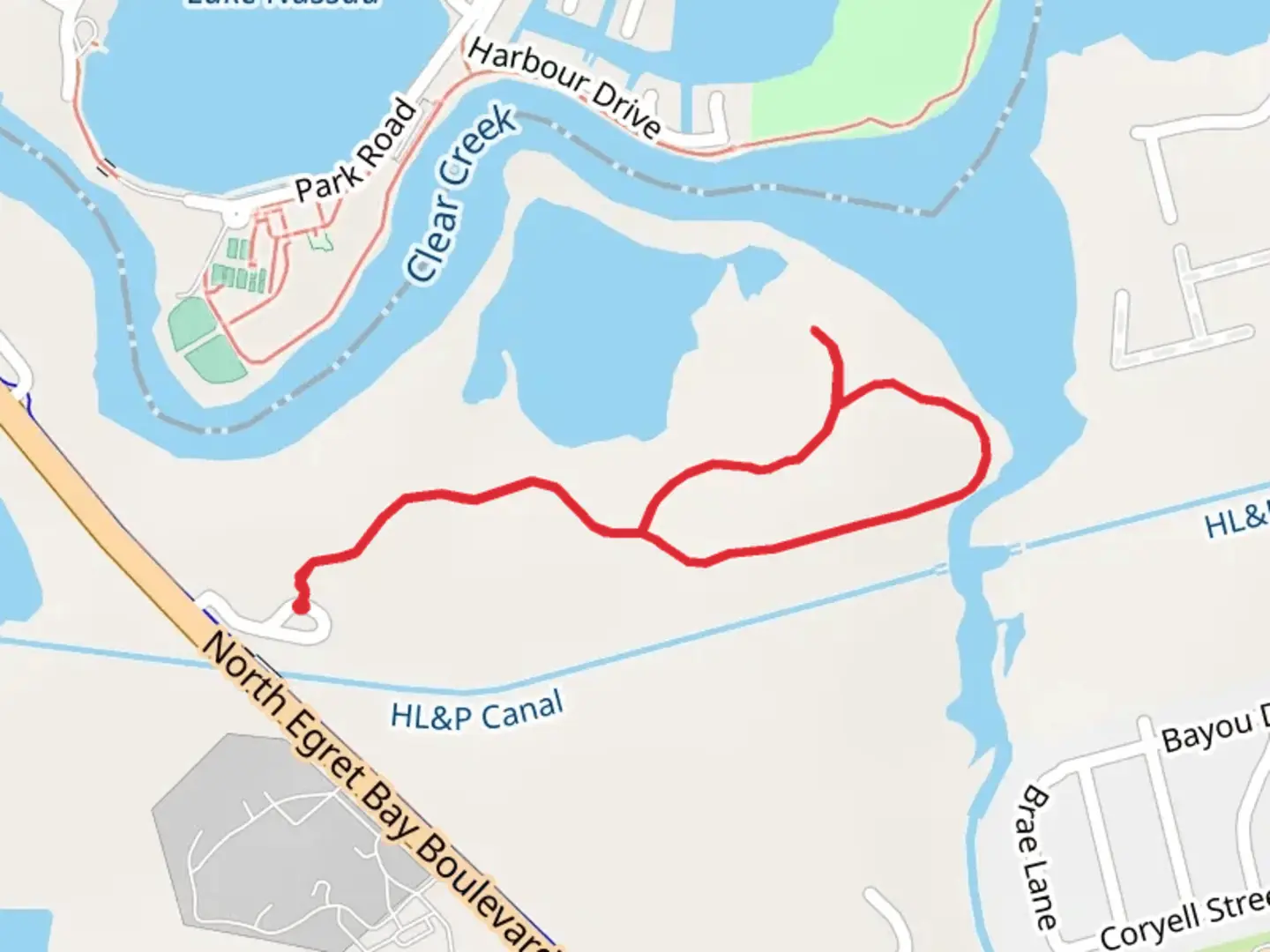 An image depicting the trail Robinson Bayou and Clear Creek Beside Loop and its surrounding area.