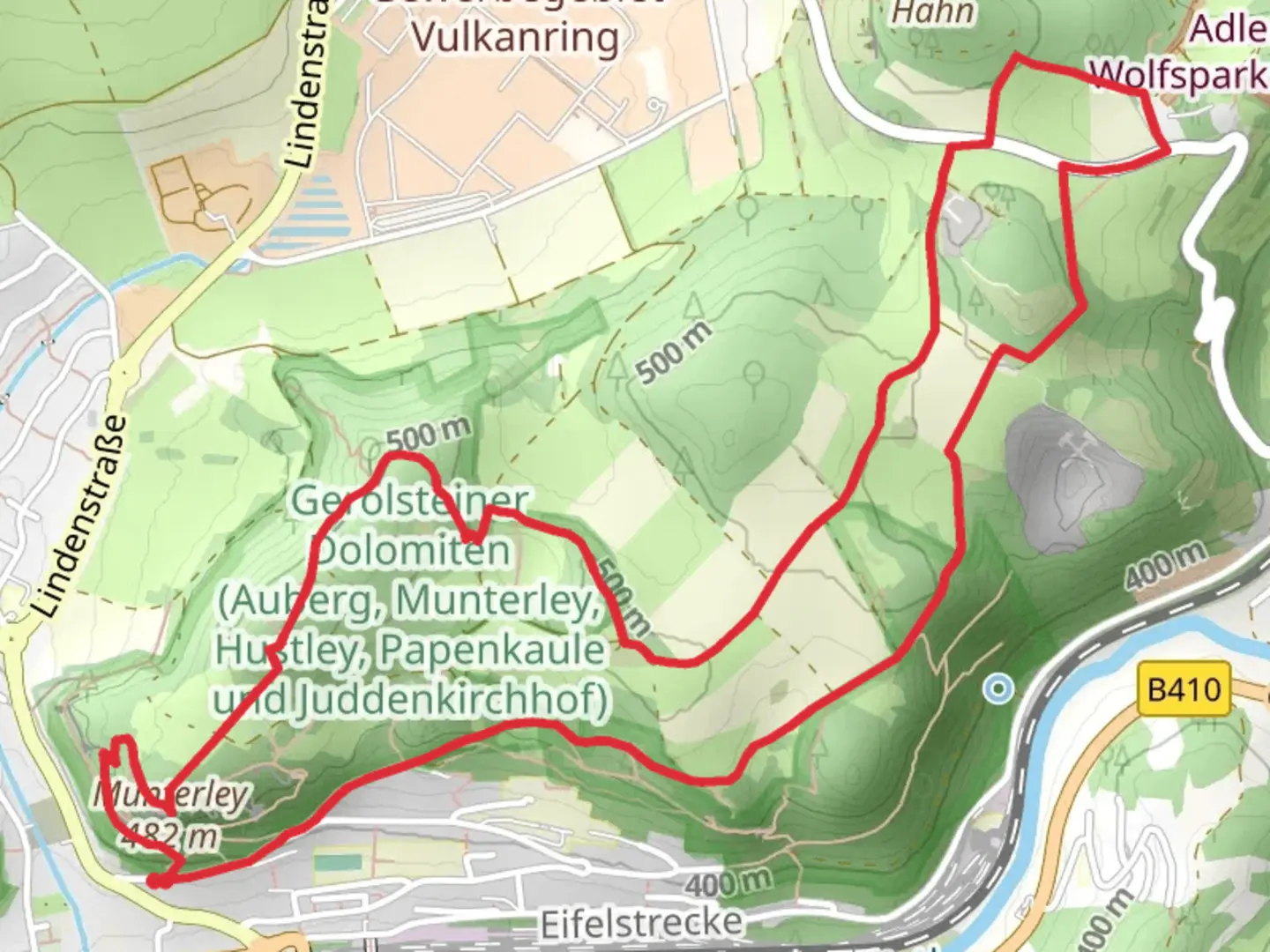 An image depicting the trail Munterley via Eifelsteig and Vulkanweg and its surrounding area.