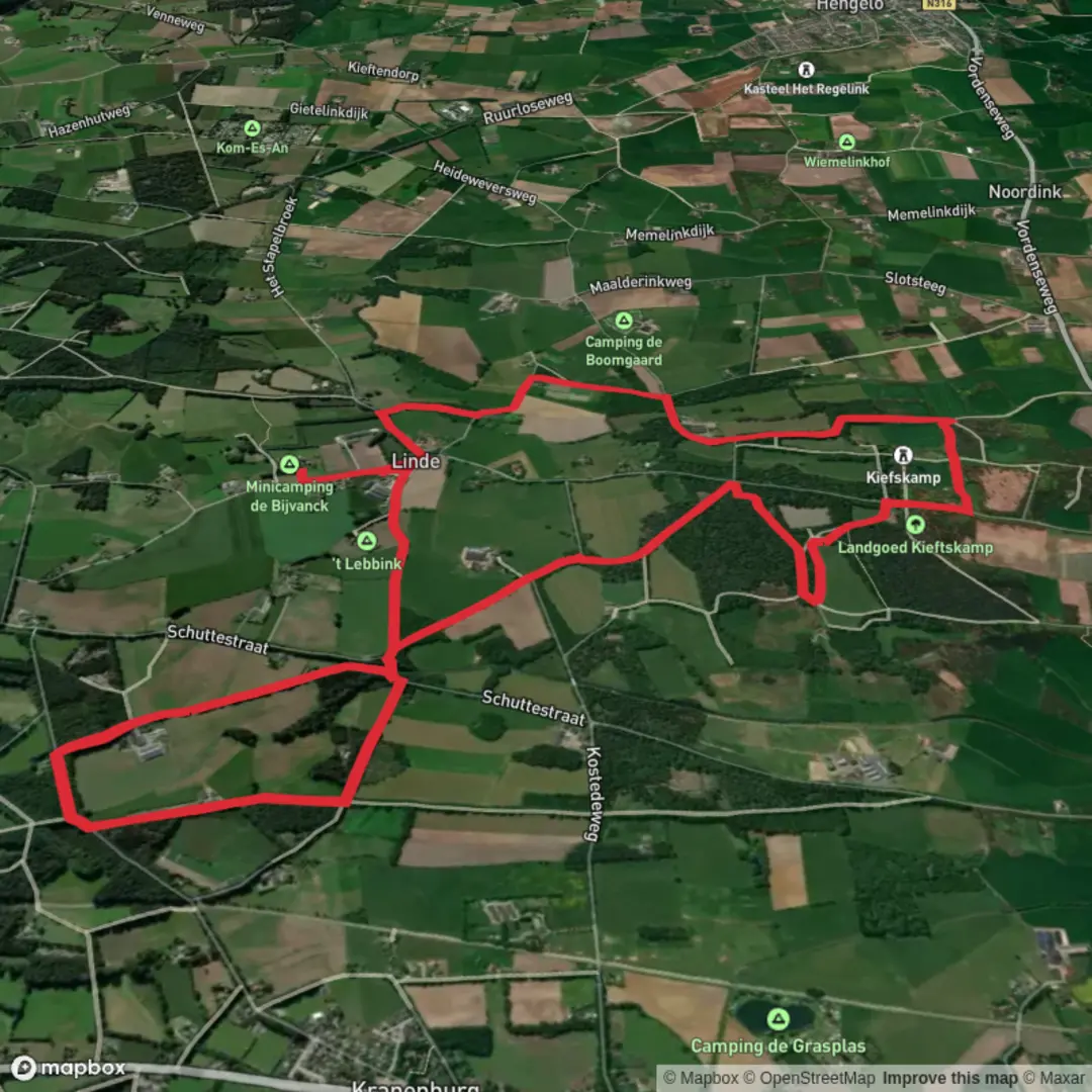 An image depicting the trail Lindesche Kapel via Lieferink Weg and Kiefskamp Weg and its surrounding area.