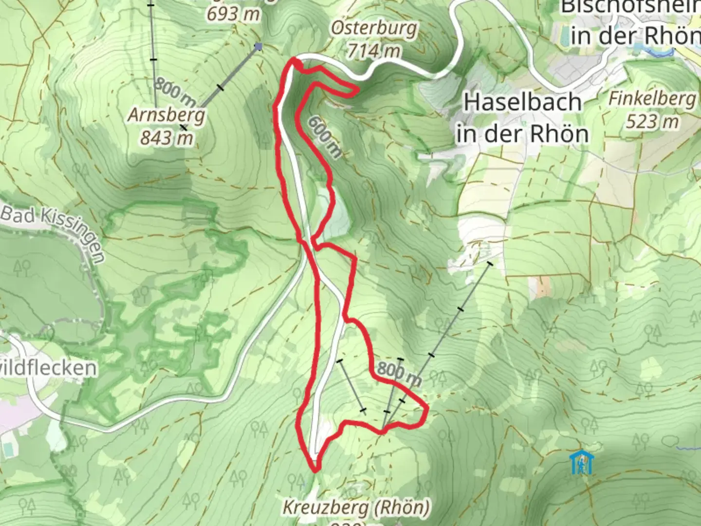 An image depicting the trail Jakobsweg Fulda-Wuerzburg and Bischofsheim and its surrounding area.