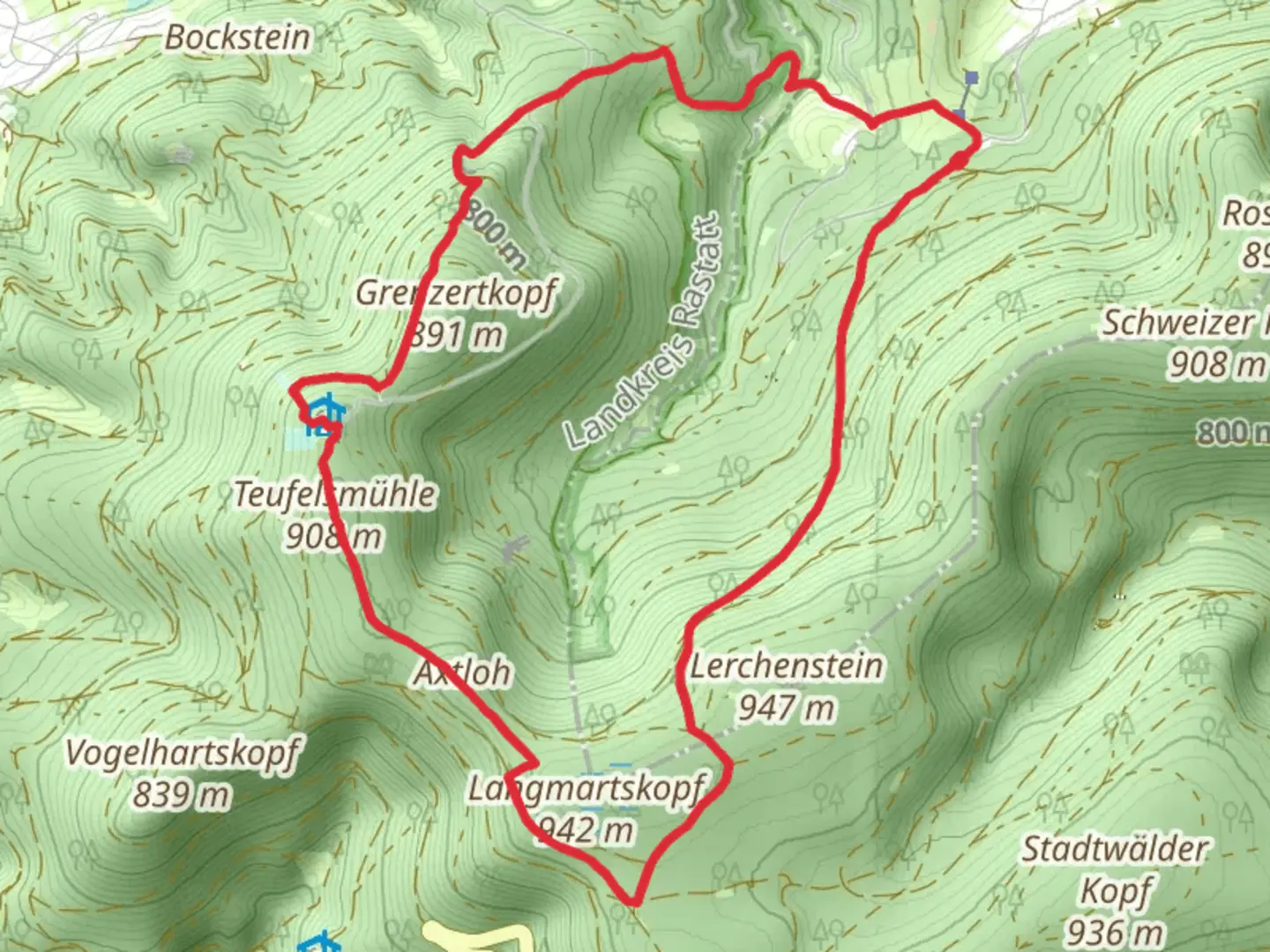 An image depicting the trail Teufelsmühle and Grosses Loch via Brudesweg and its surrounding area.