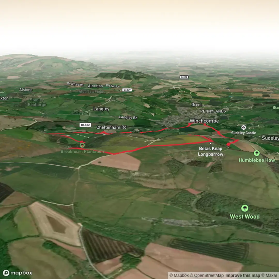 An image depicting the trail Winchcombe & Belas Knap Loop - Upper Limits UK and its surrounding area.