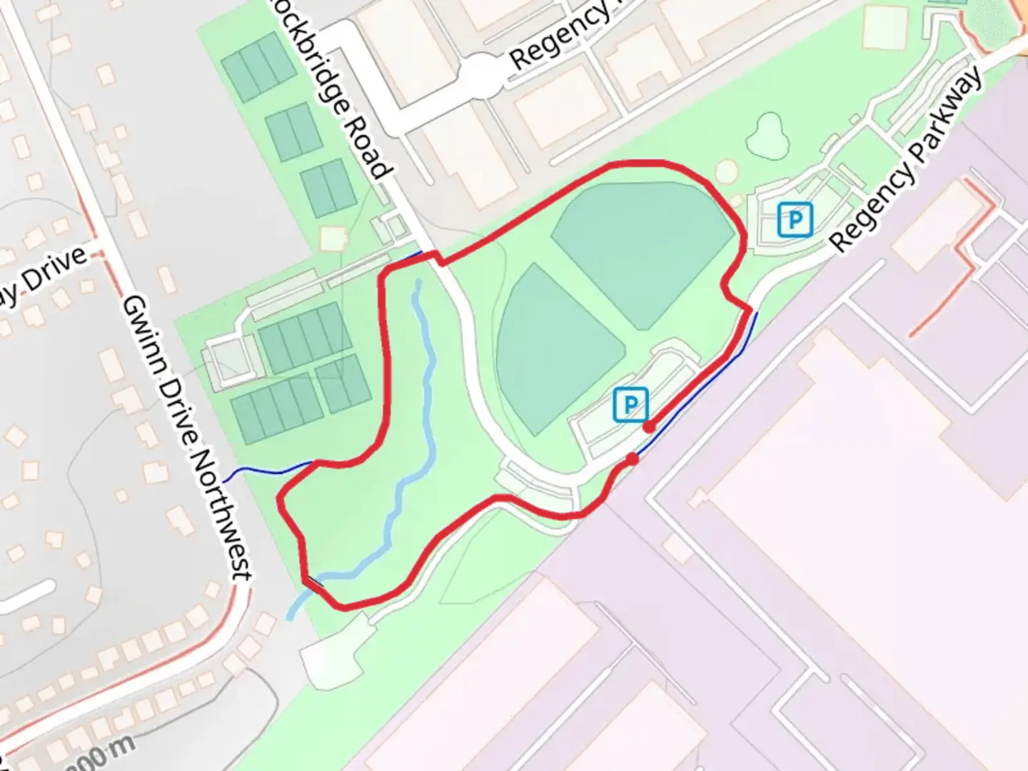 An image depicting the trail Regency Parkway Loop and its surrounding area.