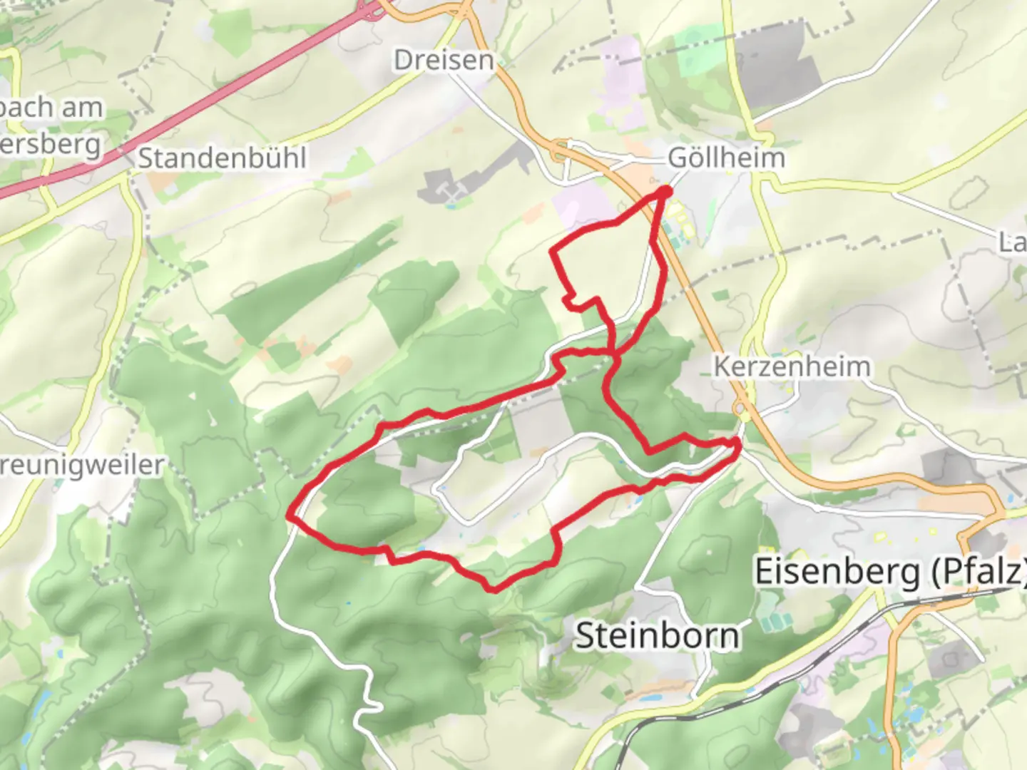An image depicting the trail Gollheim and Steinackersidlung Loop and its surrounding area.
