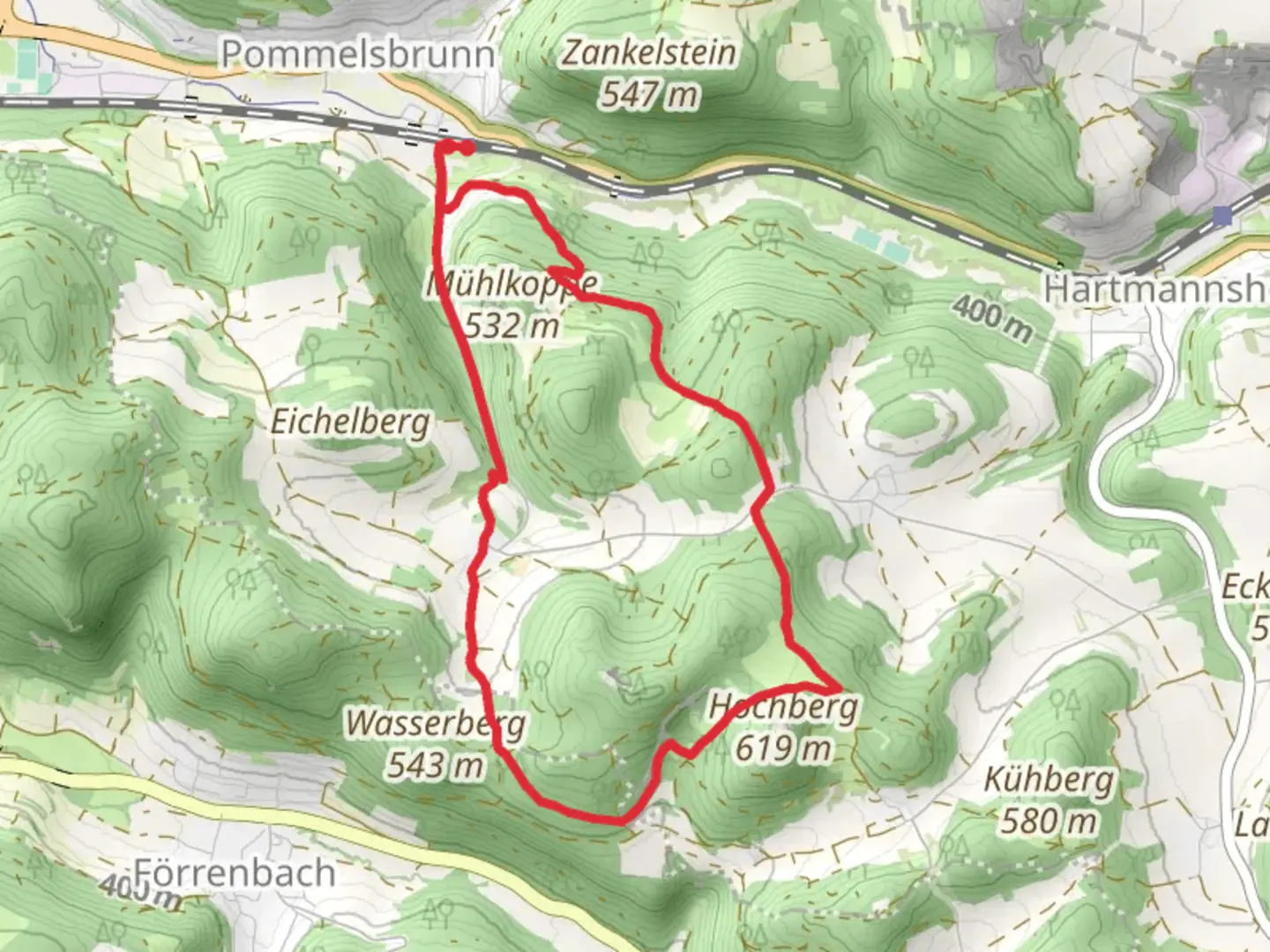 An image depicting the trail Hochberg Rundweg and its surrounding area.