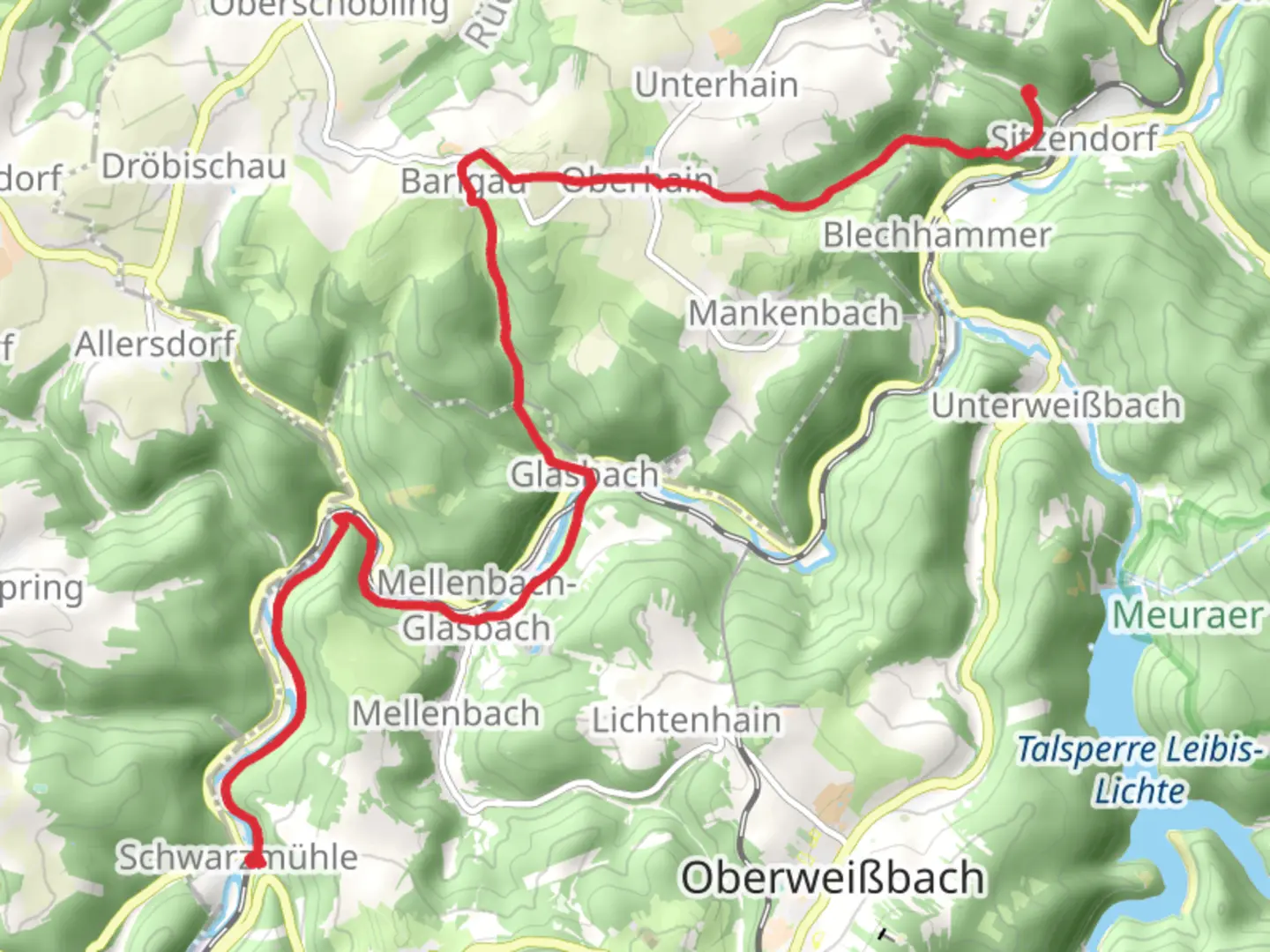 An image depicting the trail Schwarzmuhle to Sitzendorf Walk and its surrounding area.