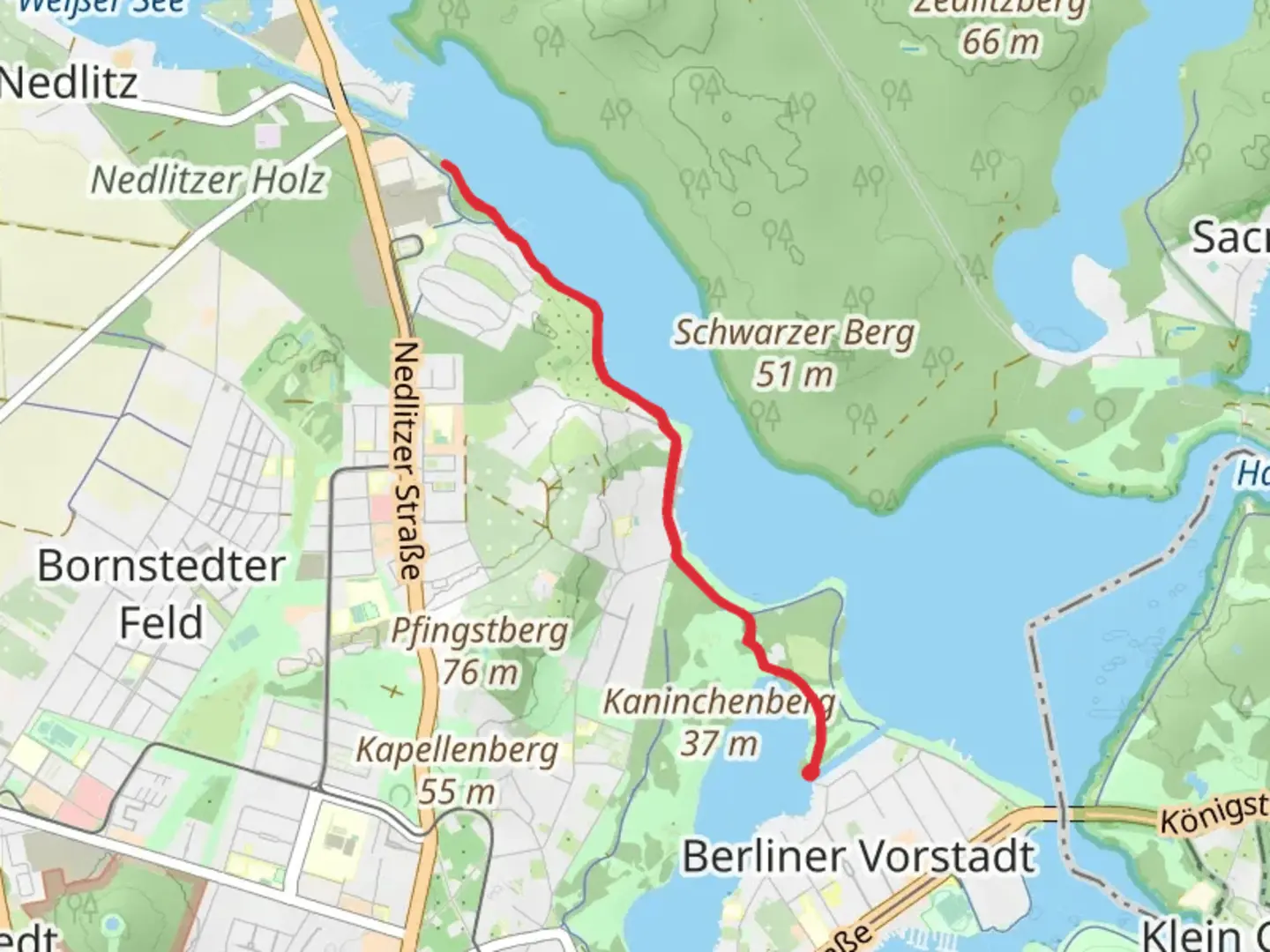 An image depicting the trail Nedlitzer Holz and Sacrow-Paretzer Kanal and its surrounding area.
