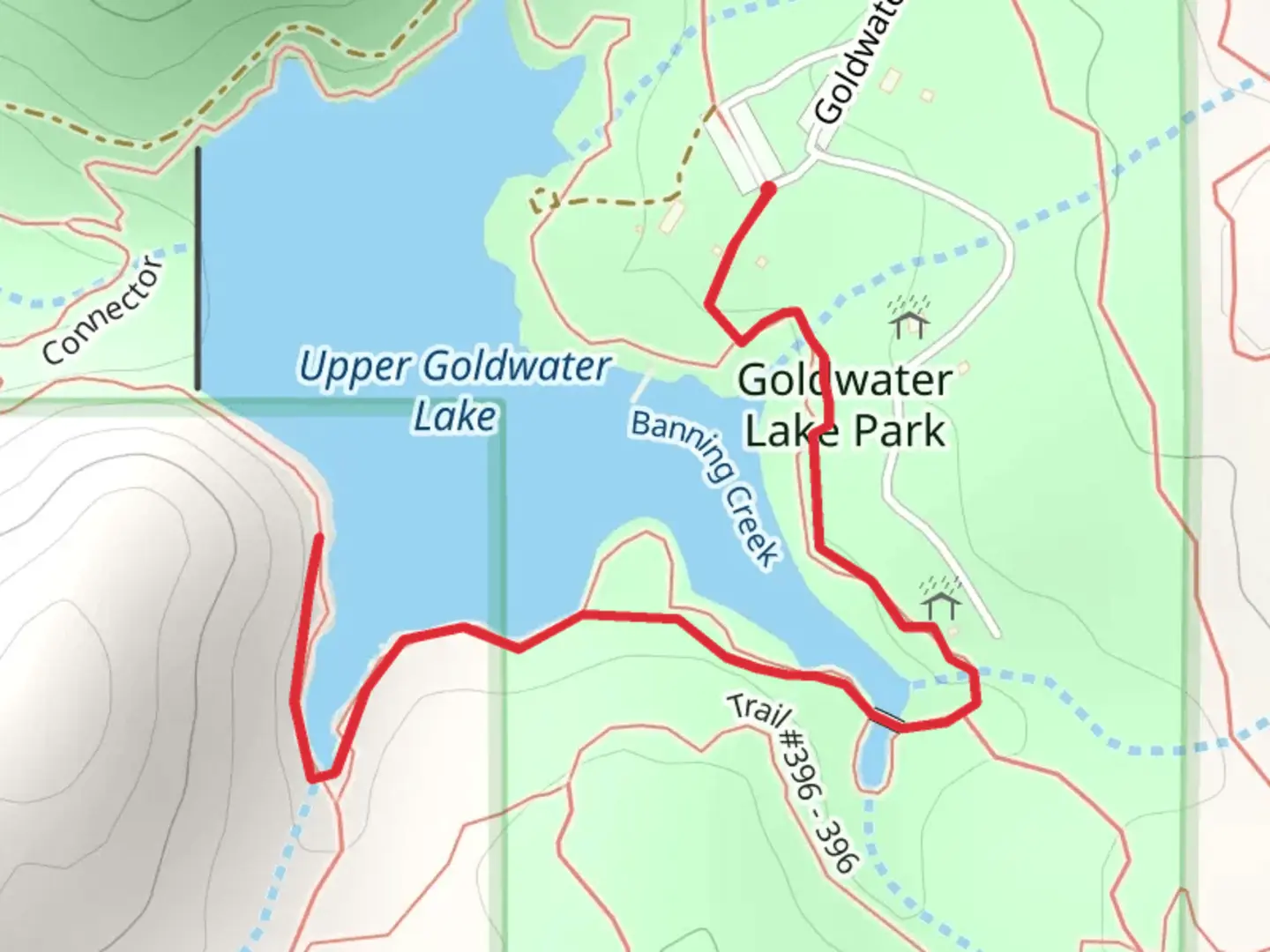 An image depicting the trail Upper Goldwater Lake Shore Walk and its surrounding area.