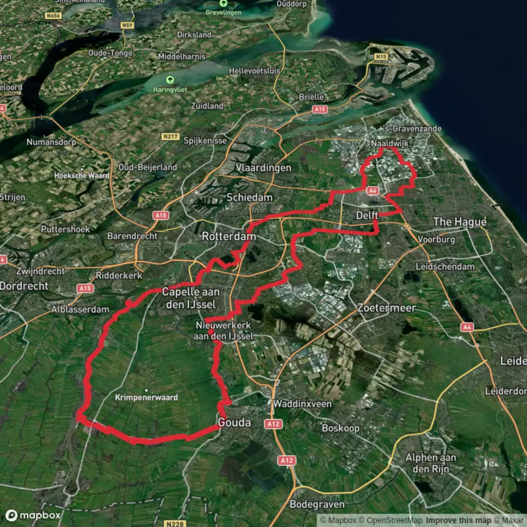 An image depicting the trail Kenenburgpad, Vlakoverpad, Delftweg, Kleinpolderkade and Oosteinde Loop and its surrounding area.