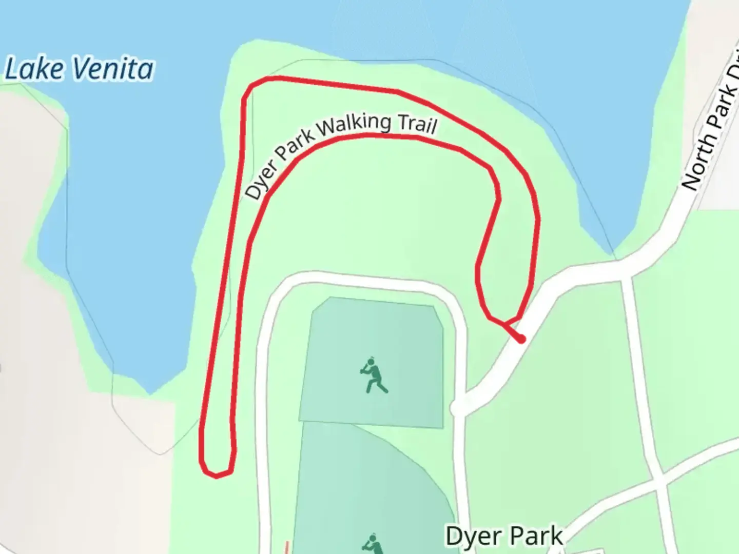 An image depicting the trail Dyer Park Palking Loop Trail and its surrounding area.