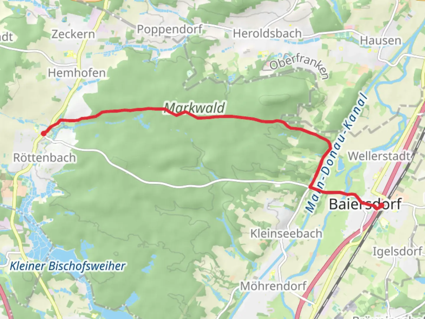 An image depicting the trail Baiersdorf - Roettenbach Wanderweg and its surrounding area.