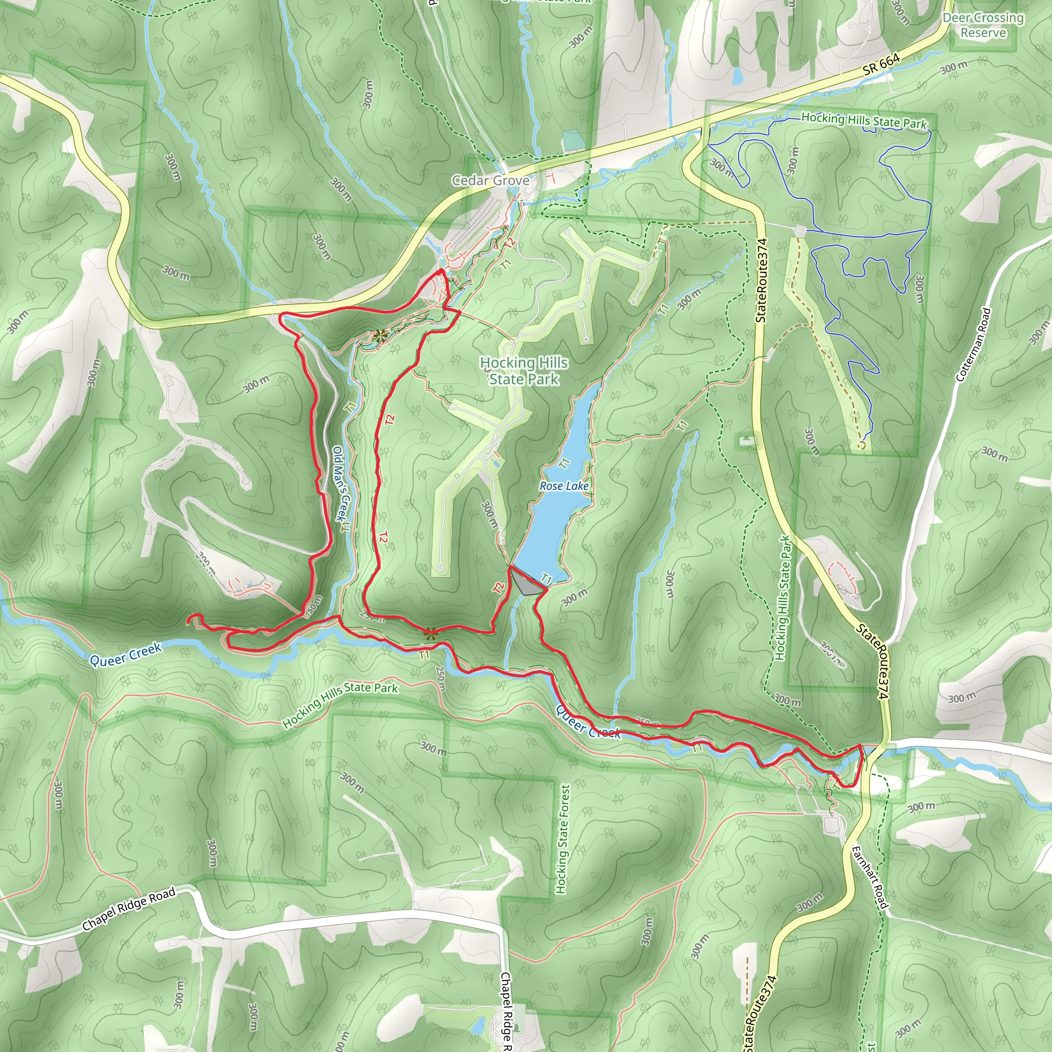 Old Man's Cave to Whispering Cave and Rose Lake Loop mobile static map