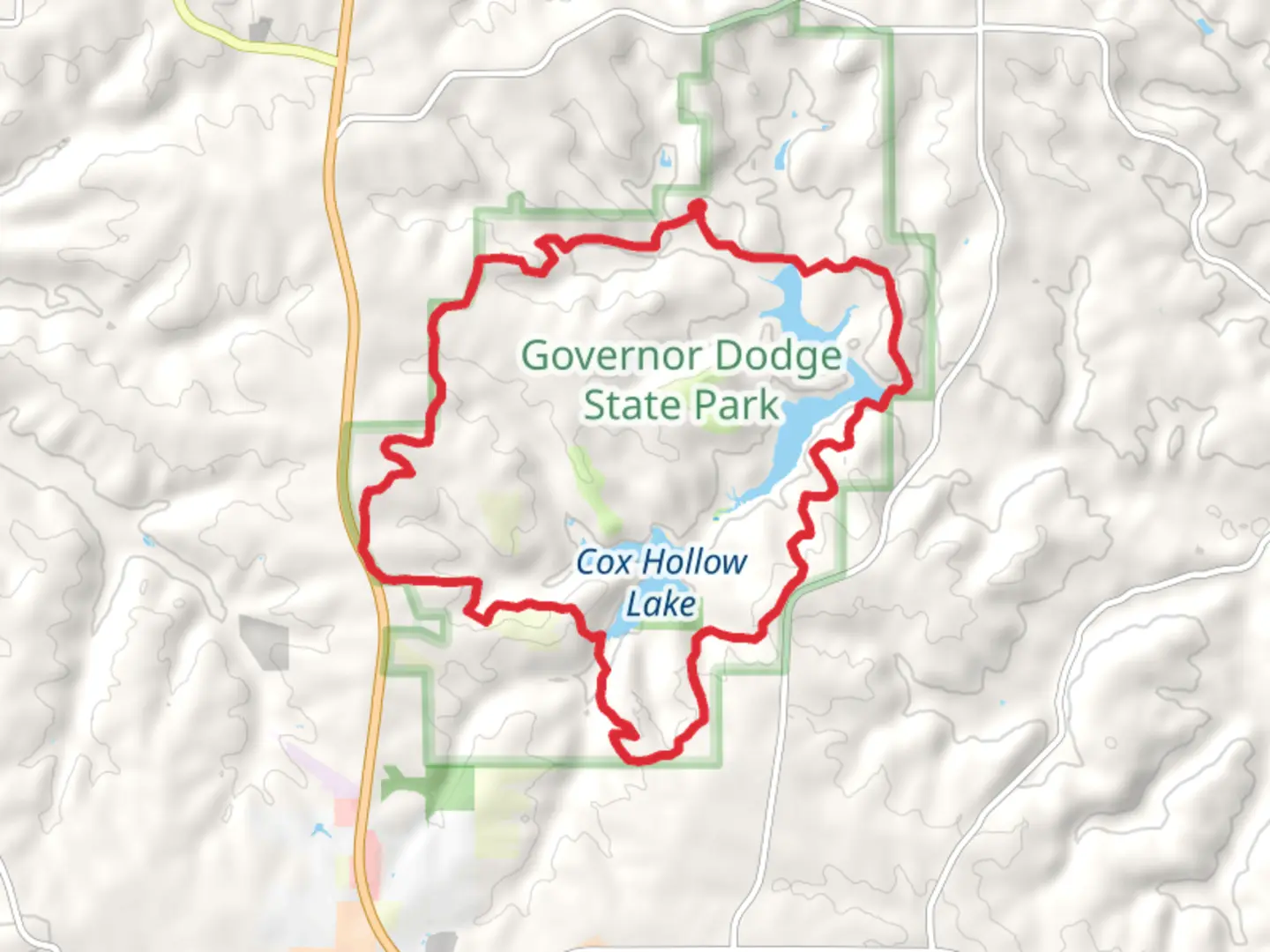 An image depicting the trail Twin Valley Lake via Old Orchard Pass and Driftless Horse Trail and its surrounding area.