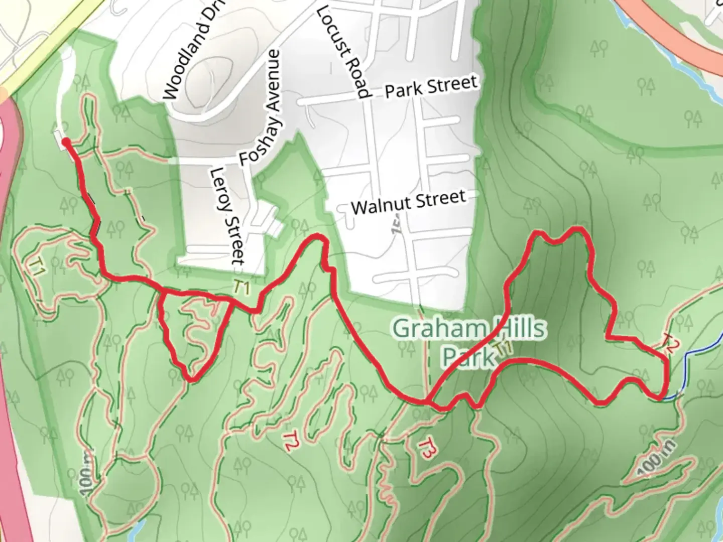 An image depicting the trail Blue Trail Loop from Graham Hills County Park Entranceway and its surrounding area.